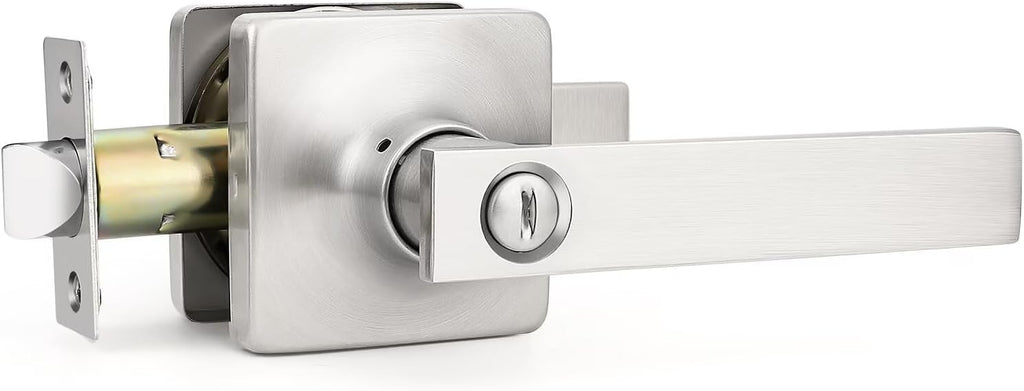GOBEKOR 8 Pack Interior Door Handles Brushed Nickel Privacy Door Levers Square Bedroom Door Handles with Lock Privacy Door Levers Bathroom Lever