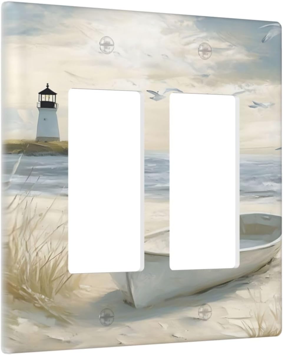 Decorative Outlet Covers Seascape Painting with Lighthouse Boats 2 Gang Wall Plate Double Rocker Light Switch Cover Double Switch Plate Cover for Bedroom Home Decor（2 Pack）