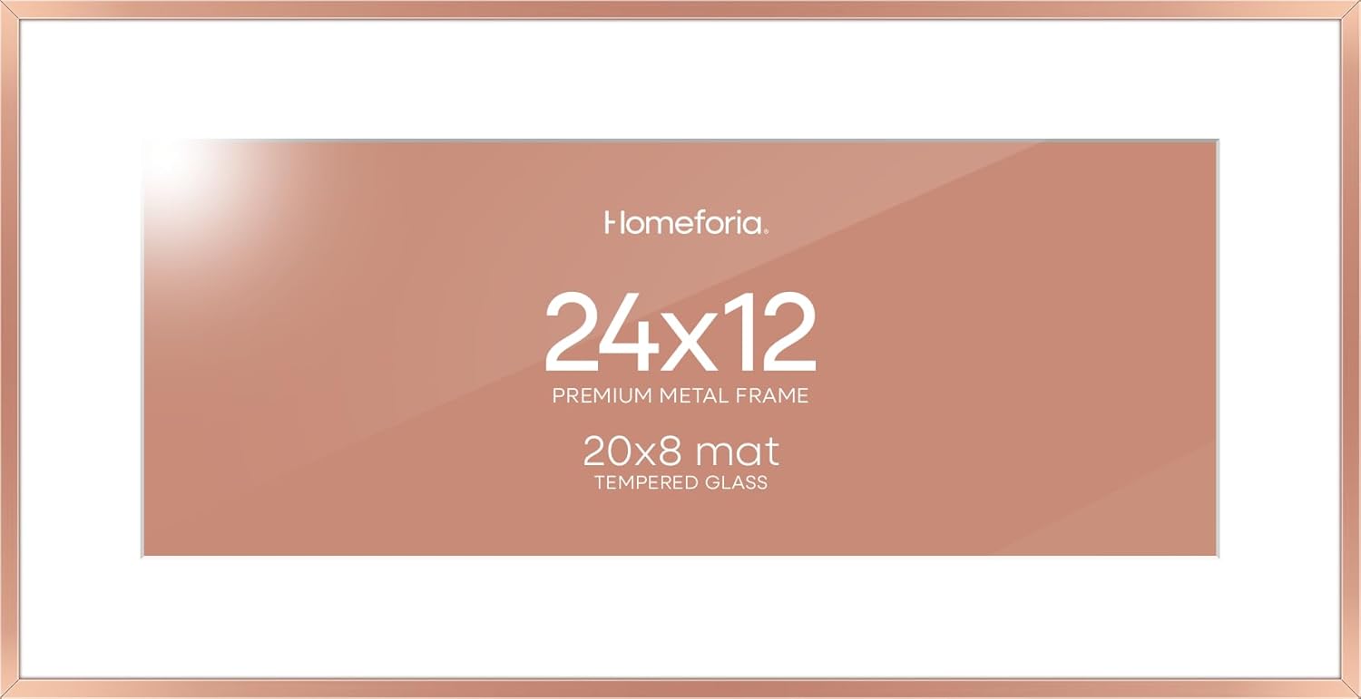 Homeforia 12x24 Rose Gold Picture Frame, High End Metal 12x24 Poster Frames with Mat 8x20 Photo, 12 x 24 Rose Gold Frame Matted to 8 x 20 Art, 24x12 Panoramic Frame, Tempered Glass, Wall Kit, Set of 1