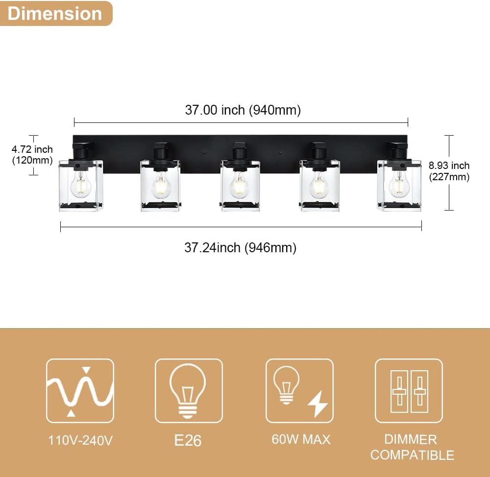5-Light Modern Vanity Lighting, Black Bathroom Light Fixture Over Mirror with Rectangular Clear Glass,E26 Bulb Base