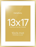 Homeforia 13x17 Picture Frame Gold, High End Metal 13x17 Poster Frames with Mat 10x14 Photo, 13 x 17 Gold Frame Matted to 10 by 14 Print, 17by13 Thin Hanging Frames, Tempered Glass, Wall Kit, Set of 1