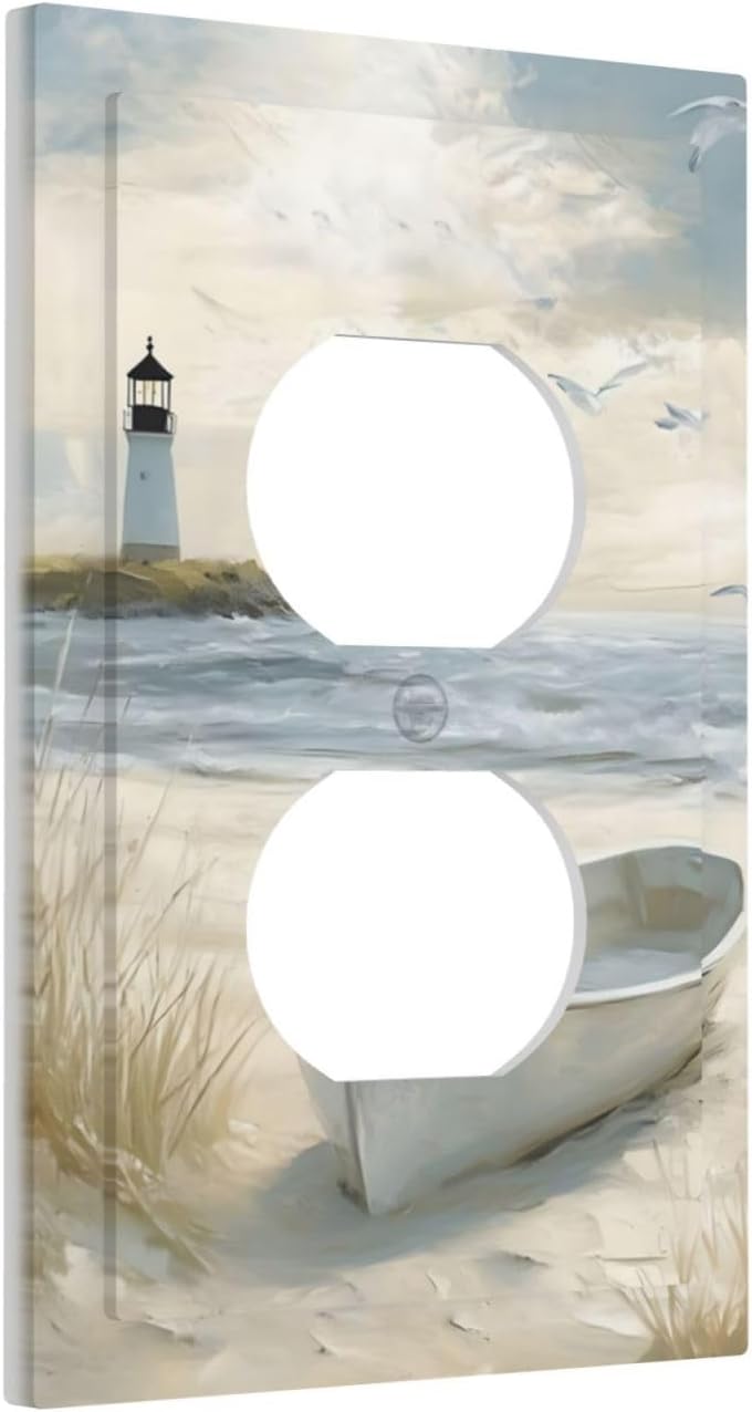 Decorative Outlet Covers Seascape Painting with Lighthouse Boats 1 Gang Duplex Light Switch Cover Plate Unique Wall Plates Switch Plate Cover for Bedroom Home Decor（2 Pack）