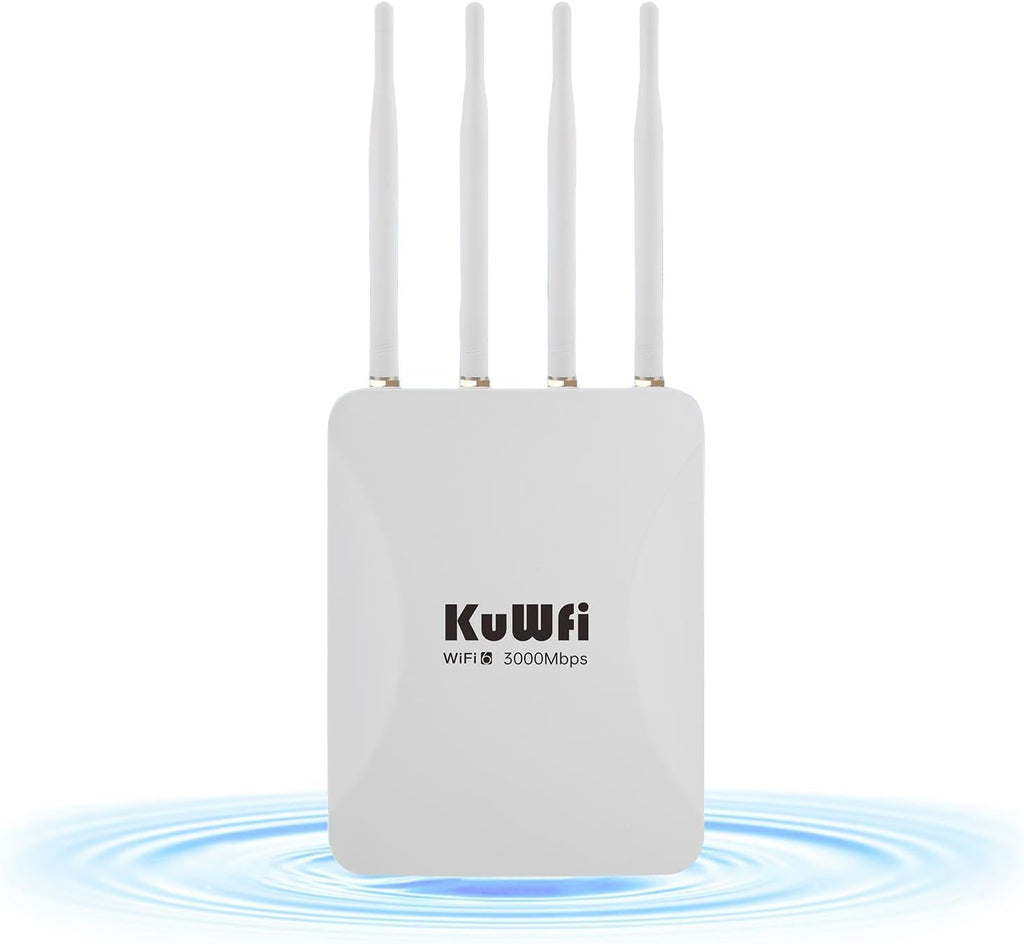 KuWFi AX3000 WiFi 6 Outdoor Access Point Repeater, Long Range Extender 100-300Meter Dual Band Gigabit, IP65 Waterproof, PoE Powered, Supports 256+ Devices for Business, Parties, Starlink