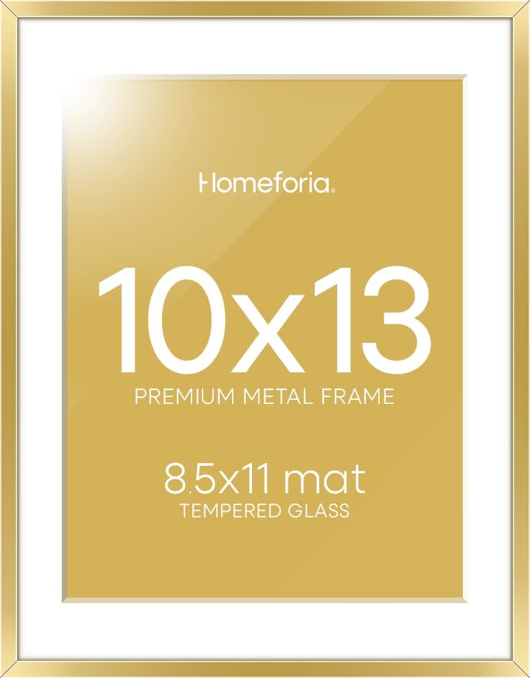Homeforia 10x13 Picture Frame Gold, High End Metal 10x13 Poster Frames with Mat for 8.5x11, 10 x 13 Gold Frames Matted to 8.5 x 11 inch Photo, 10by13 Hanging Frames, Tempered Glass, Wall Kit, Set of 1