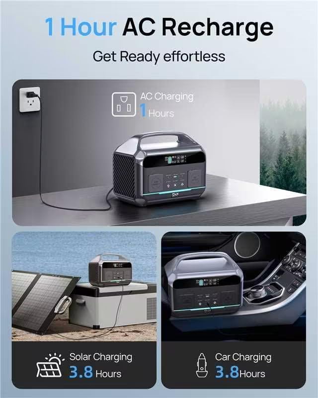 Portable Power Station 600W (1200W Surge), 576Wh LiFePO4 Electric Generator with 1Hr Fast Charging, 100W USB-C PD Output, Solar Power Bank for Home Emergency, Camping, RV Travel, CPAP (Solar Optional)