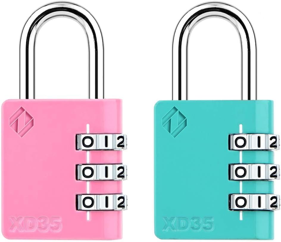 XD35 Combination Lock, 3-Digit Padlock for School Gym Sports LockerLock, Fence, Toolbox, Case, Hasp Storage (2-Pack, Pink, Emerald)