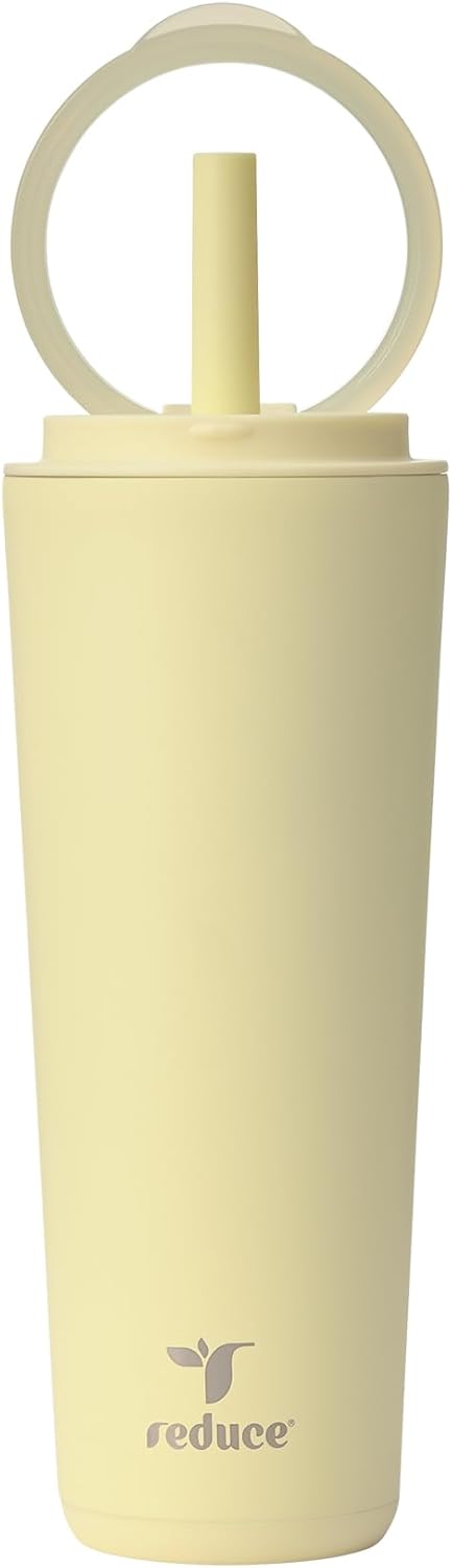 REDUCE Halo 24 oz Stainless Steel Vacuum Insulated Tumbler - Spill Proof Travel Mug with Flip Handle Lid - Keeps Drinks Cold for 32 Hrs - Dishwasher Safe - Cupholder Friendly - French Vanilla