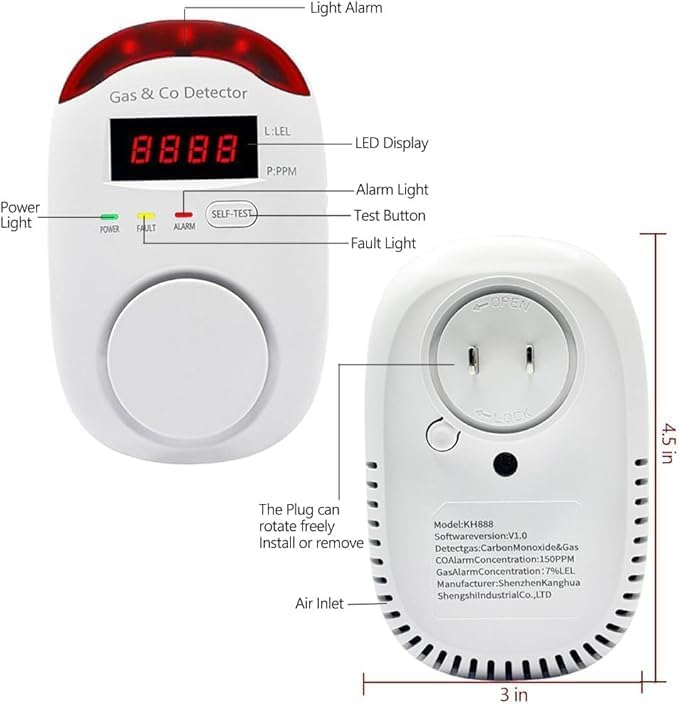 Carbon Monoxide and Natural Gas Detector, WESHLGD Plug in Carbon Monoxide & Gas Combination Detectors, 2-in-1 CO Detector and Combustible Gas Detector with Digital Display, Easy to Install(3 Packs)