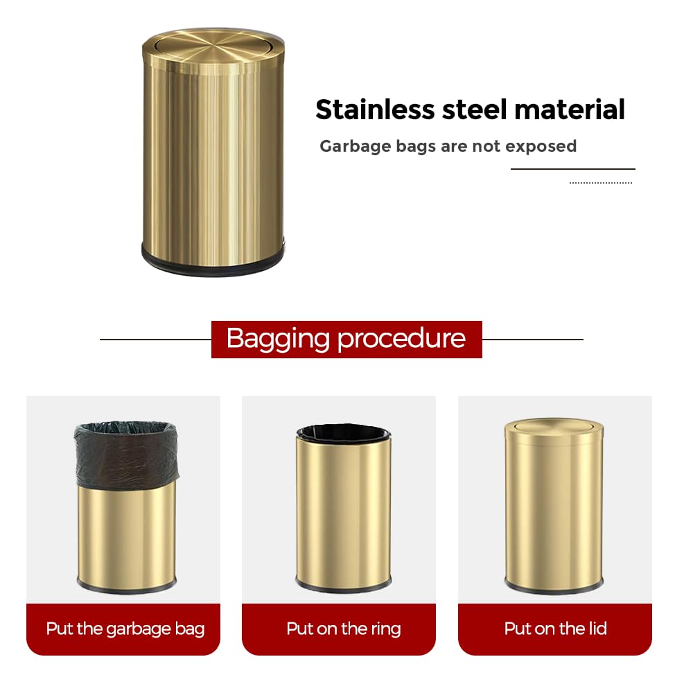 Small Trash Can with Flipping Lid,Gold Bathroom Garbage can with lid，2.4gallon,Brass Trash can for Bathroom,Laundry，Hotel，Office， Laundry Room ，Metallic Gold (Single)