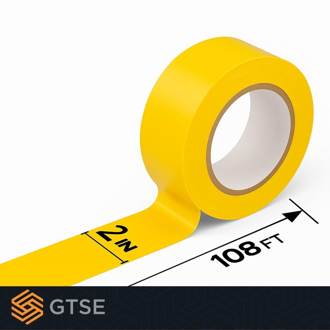 GTSE 2 inch x 108 ft Yellow PVC Vinyl Floor Tape, Safety Marking Tape, 6 mil Thick, Suitable for Dance Floors, Gyms, Warehouses, Sports Facilities