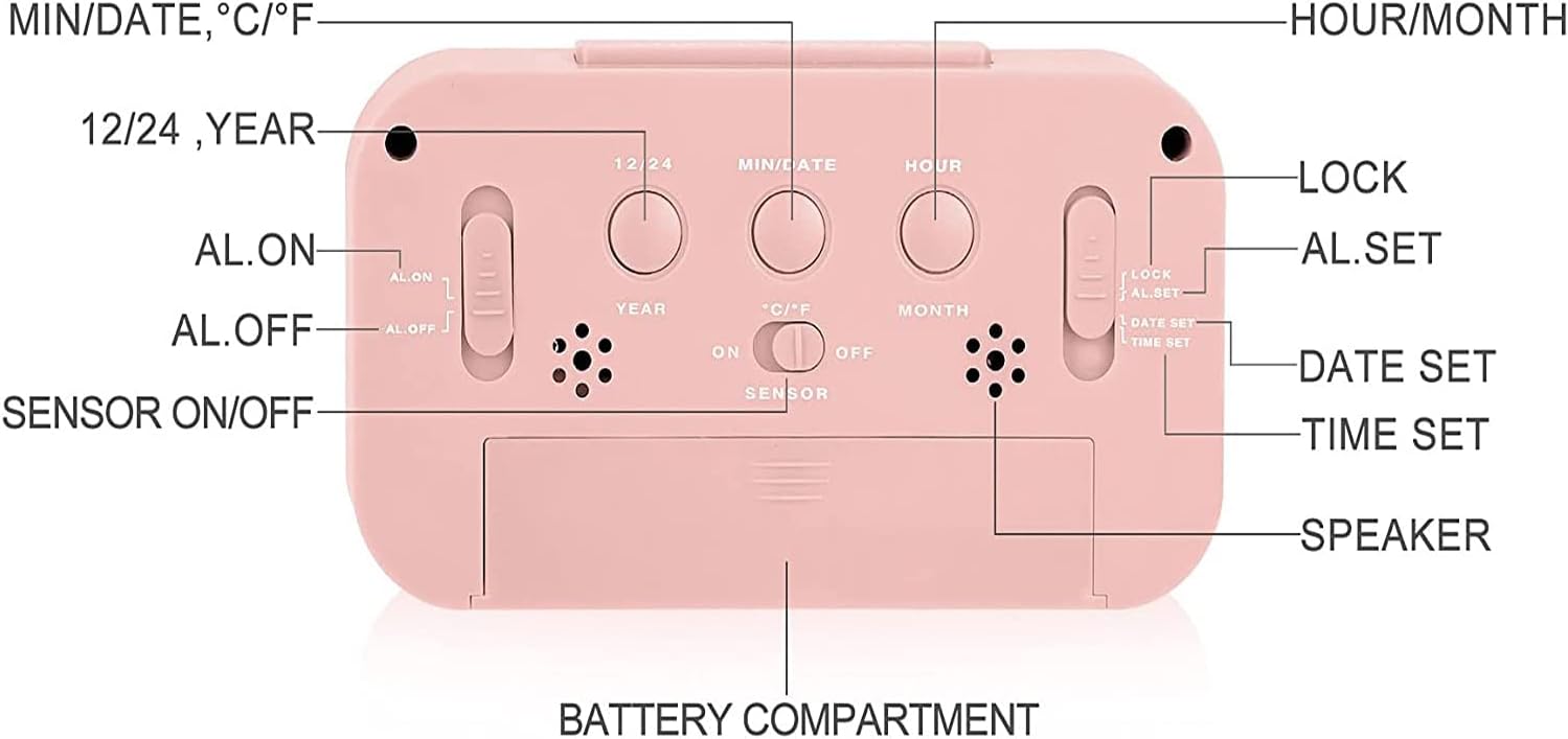 Digital Alarm Clock with LCD Display, Desk Smart Electronic Small Clock with Indoor Temperature, Date, Light Sensor, Backlight, Battery Operated, for Home Bedroom Kids Office (Pink)