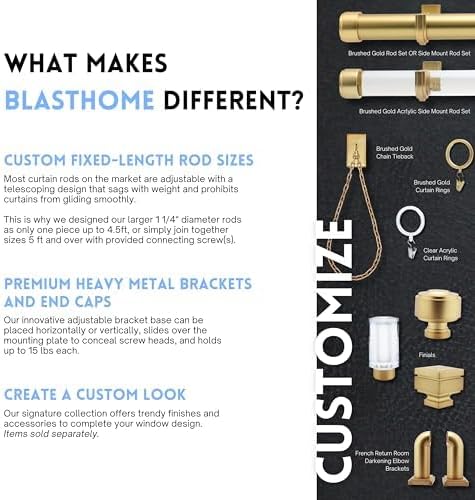 BlastHome® Non-Adjustable Luxury Extra Long Curtain Rod, 1 ¼” Rod Set, 13 foot Fixed Length (Three Rods Connect for a Seamless Look), Brushed Gold