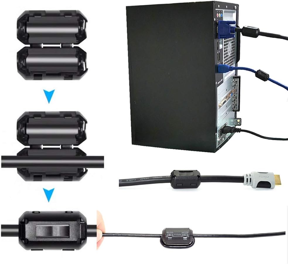 60 Pieces Clip-on Ferrite Ring Core RFI EMI Noise Suppressor Cable Clip for 3mm/ 5mm/ 7mm/ 9mm/ 13mm Diameter/Video Cable Power Cord (Black)