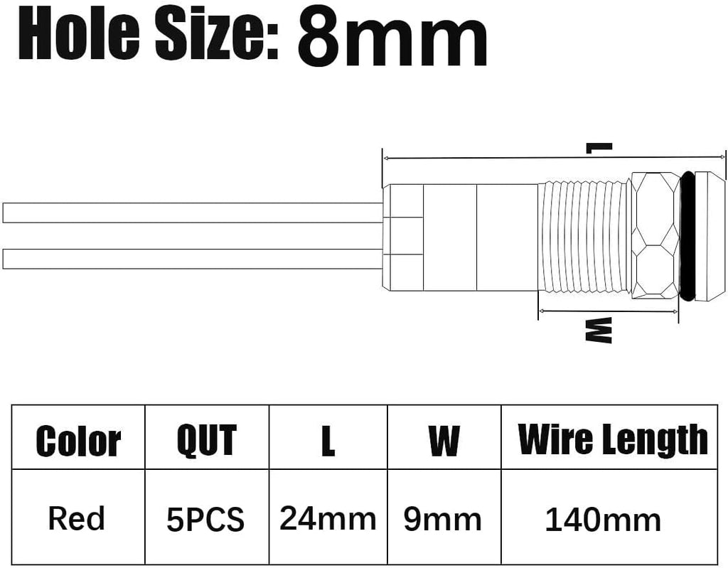 5pcs 8mm LED Metal Indicator Light AC/DC 12-24V Waterproof Signal Lamp Pilot Dash Directional with Wire(Red)