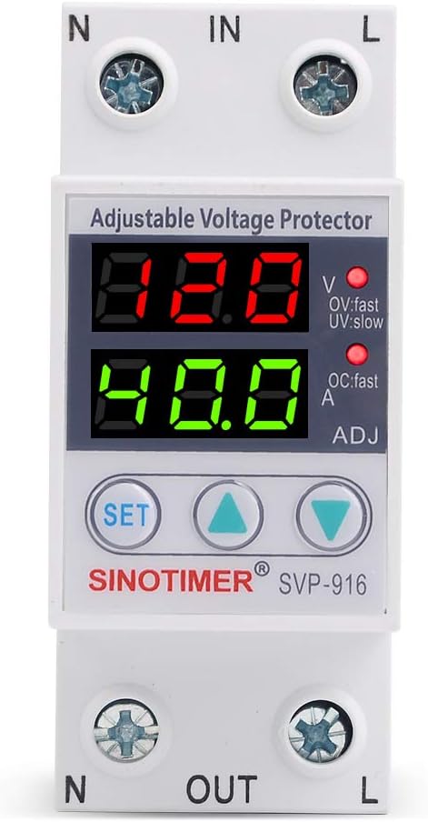 Adjustable Voltage Protector SINOTIMER Surge Protective Relay with 2 LED Displays Overvoltage and Undervoltage Current Limit Devices, 40A Load(Economical), Used in AC120V Residential