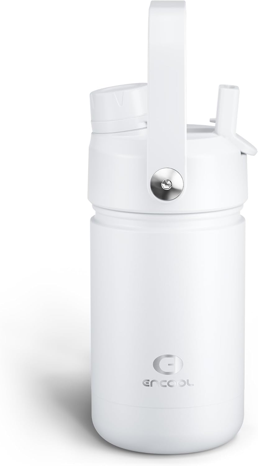 Kids Insualated Water Bottle with Straw - 12oz Stainless Steel Water Bottle with Dual Spouts, Leak-Proof, BPA-Free, Double Wall Vacuum Keeps Cold for 24 Hours for Sports, Travel, School (Polar White)