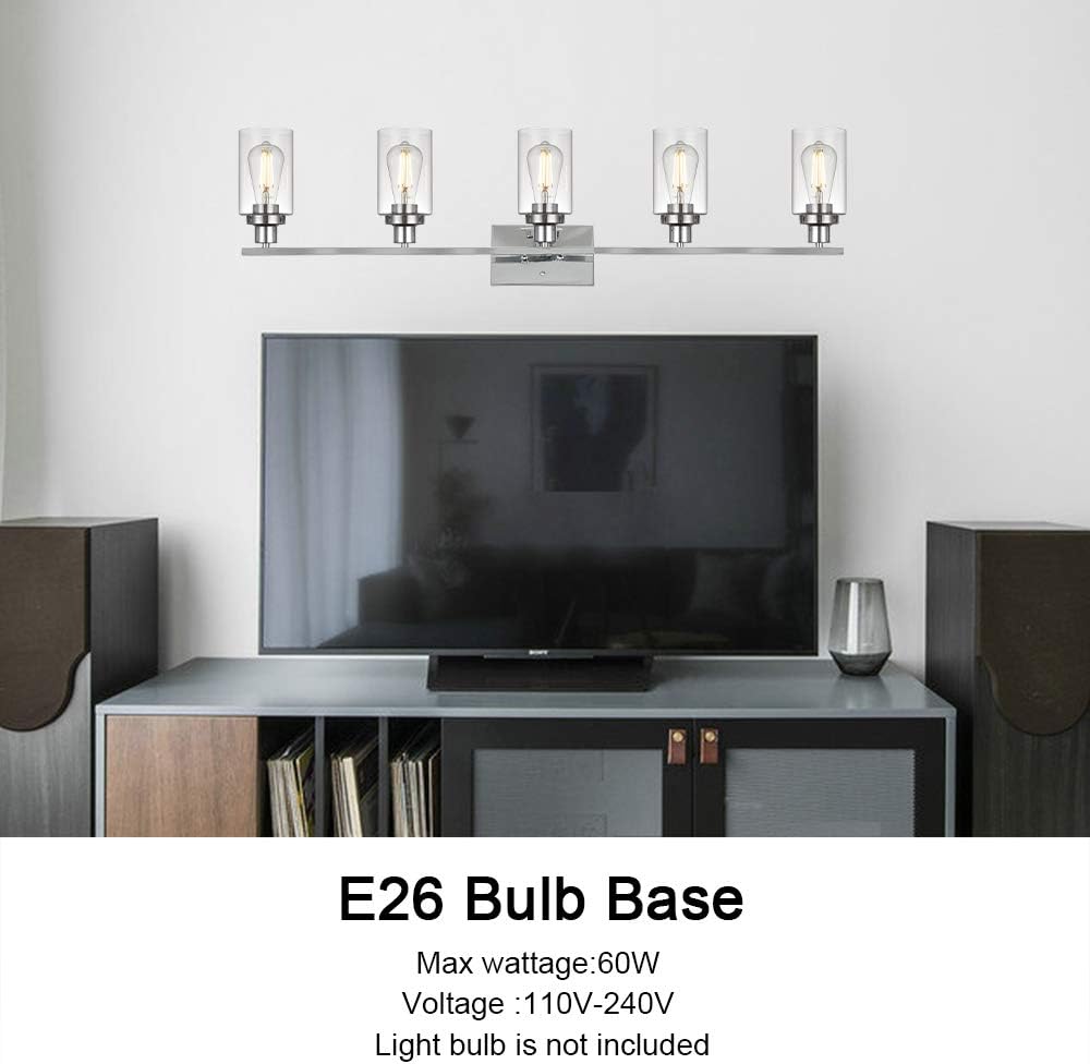 MELUCEE Modern Vanity Lights for Bathroom 5 Lights Chrome Finish with Clear Glass Shade, Contemporary Metal Wall Light Fixtures for Dressing Table Mirror Cabinets (Patent No.: US D963914 S)