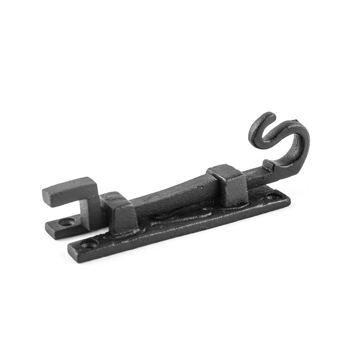 Renovators Supply Manufacturing Door Lock Latch 5 in. Black Wrought Iron Pig Tail Tip Styled Necked Offset Slide Bolt Latch with Mounting Hardware