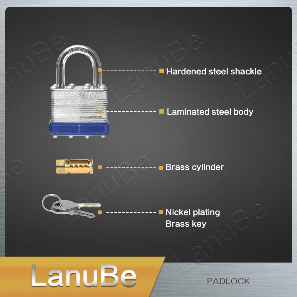 LanuBe Lock Laminated keyed Padlock (1-9/16", 40mm), keyed Alike Locks, Normal Shackle, Pack of 12…