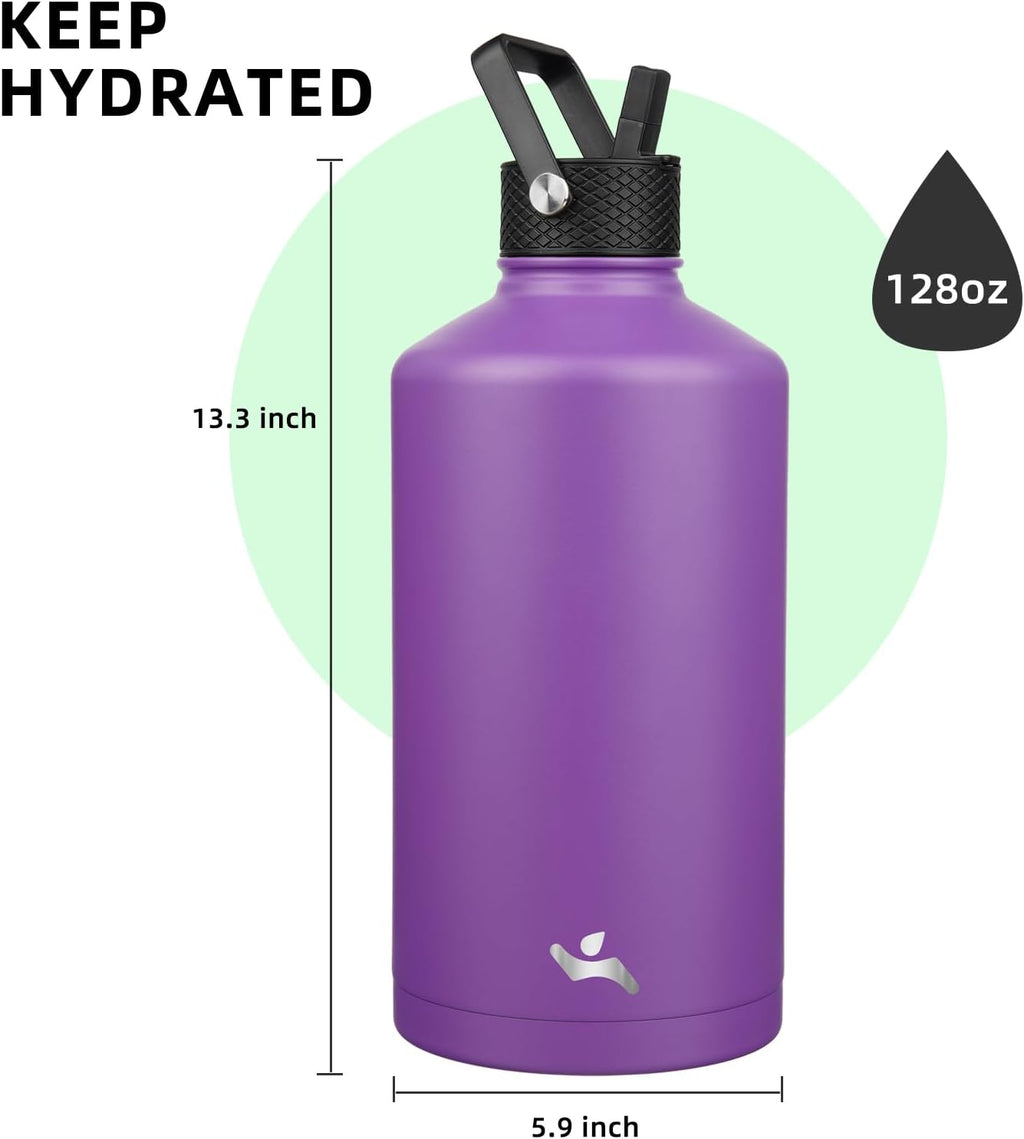 Gallon Insulated Water Bottle with Straw,128 oz 3 Lids Water Jug with Carrying Bag,Paracord Handle, Double Wall Vacuum Stainless Steel Metal Flask,Purple