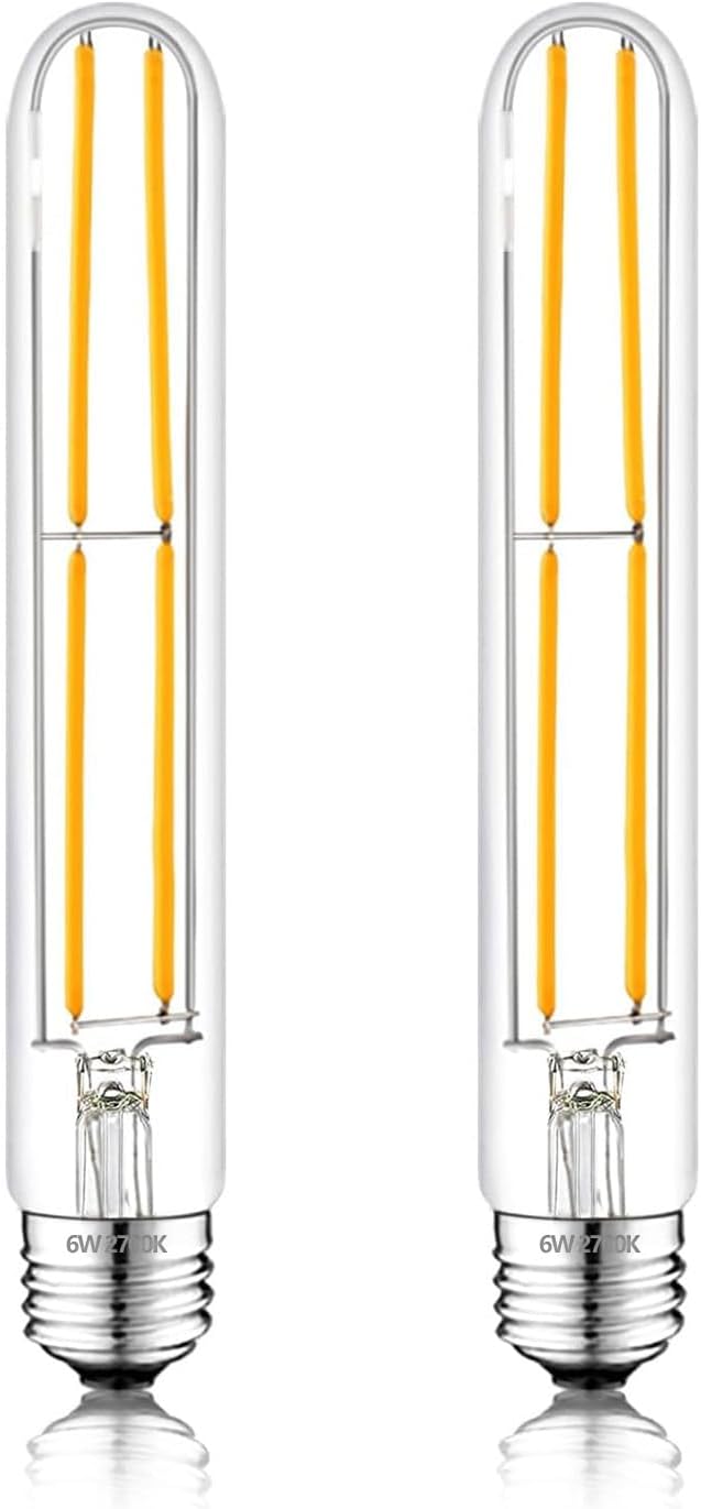 7.3 Inch E26 Led Bulb 6W Dimmable, 2700K Soft White Edison Bulbs 800LM, Equal 80 Watt Tubular T10 T9 Long Clear Glass Light Bulb for Rustic Pendant Industrial Pipe Wall Sconces - 2Pack