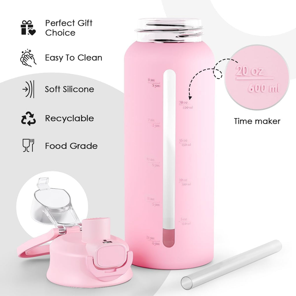 SANDJEST Glass Water Bottle with Silicone Sleeve 24oz with Lid, Motivational Time Marker, Drinking Hydration Glass Bottles for Men Women, Gym Travel Sports (Pink)
