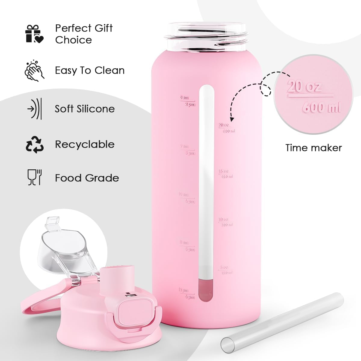 SANDJEST Glass Water Bottle with Silicone Sleeve 24oz with Lid, Motivational Time Marker, Drinking Hydration Glass Bottles for Men Women, Gym Travel Sports (Pink)
