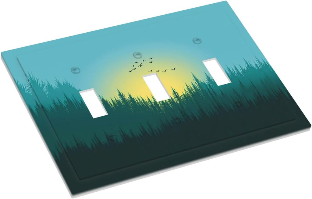 Green Forests And Birds Sun Woodland Decorative Switch Plates 3 Gang Wall Plate Triple Toggle Light Switch Cover Electrical Wall Panels Faceplate for Bedroom Bathroom Decor