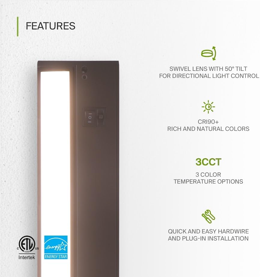 ASD Swivel LED Under Cabinet Lighting Bronze, 18 Inch 8W, Hardwired or Plug-in, 2700K/3000K/4000K, Hi/Low Switch, Rotatable Lens, Dimmable Linkable Under Counter Light for Kitchen, ETL & Energy Star
