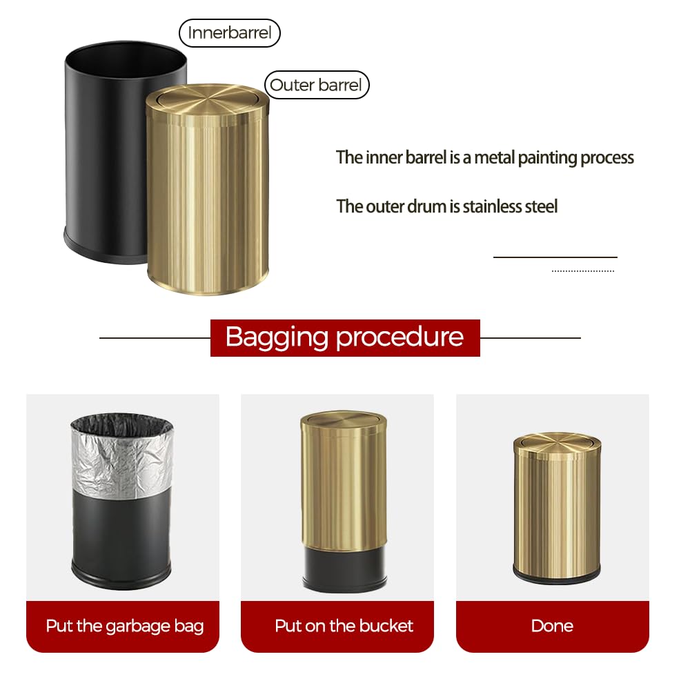 9 Liter/2.4 Gallon, Gold Trash can with Swing lid, Brass Small Trash can, Gold Trash Bin with Lid for Office, Living Room,Bathroom，Restaurant Bathroom