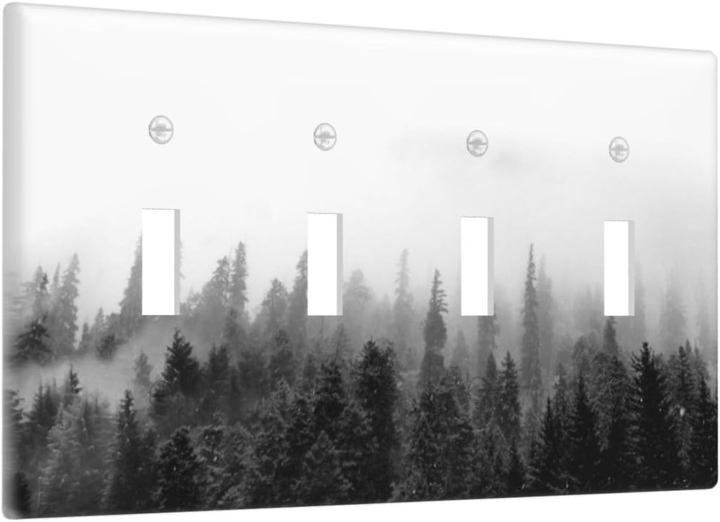 Light Switch Covers Fores Black White Landscape Misty Woods Quad Toggle Electrical Faceplate 4 Gang Wall Plate Decorative Switch Plates For Farmhouse Cabin Decor