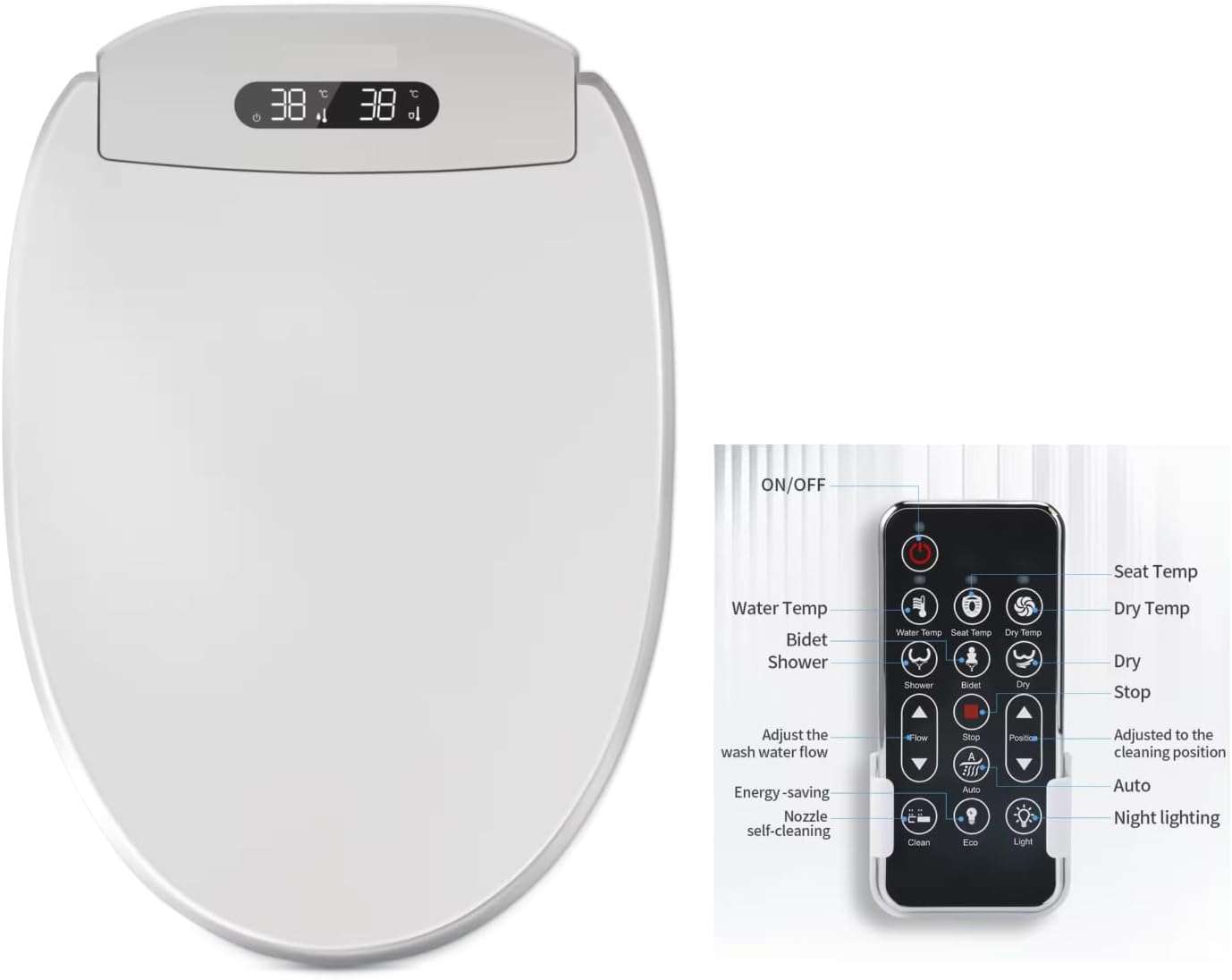 Electric Bidet Toilet Seat, Filtered & Unlimited Warm Water, 8 Modes Spa Wash, Warm Air Dryer, Heated Seat, Self-Clean Stainless Steel Nozzle, HD Night Light. 10-year warranty. (TB-38E,Elongated)
