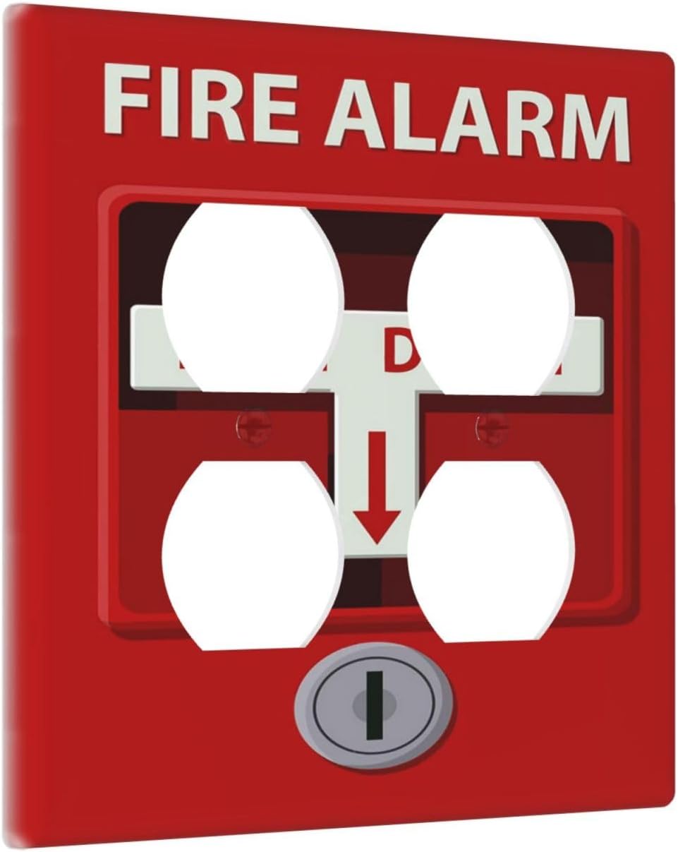 Decorative Outlet Covers Artistic Red Fire Alarm Motifs 2 Gang Wall Plate Cover Double Duplex Receptacle Two Switch Light Switch Cover Plate Jumbo Dual Faceplate for Home Decor