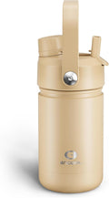 Kids Insualated Water Bottle with Straw - 12oz Stainless Steel Water Bottle with Dual Spouts, Leak-Proof, BPA-Free, Double Wall Vacuum Keeps Cold for 24 Hours for Sports, Travel, School (Indian Khaki)