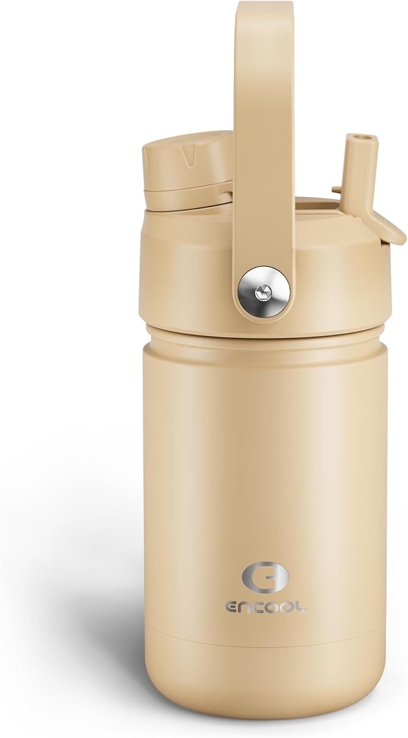 Kids Insualated Water Bottle with Straw - 12oz Stainless Steel Water Bottle with Dual Spouts, Leak-Proof, BPA-Free, Double Wall Vacuum Keeps Cold for 24 Hours for Sports, Travel, School (Indian Khaki)