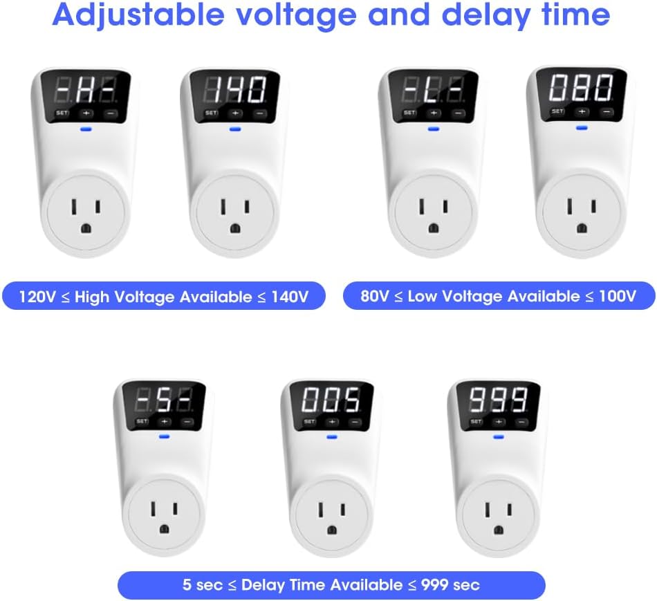 Surge Protector Voltage Stabilizers - Fireproof UL94V-1 Wall Mount Surge Protector Outlets for Refrigerator TV Appliances Real-Time Monitoring & Custom Voltage 80V-140V, 15A, 120V, 1800J,2 Pack
