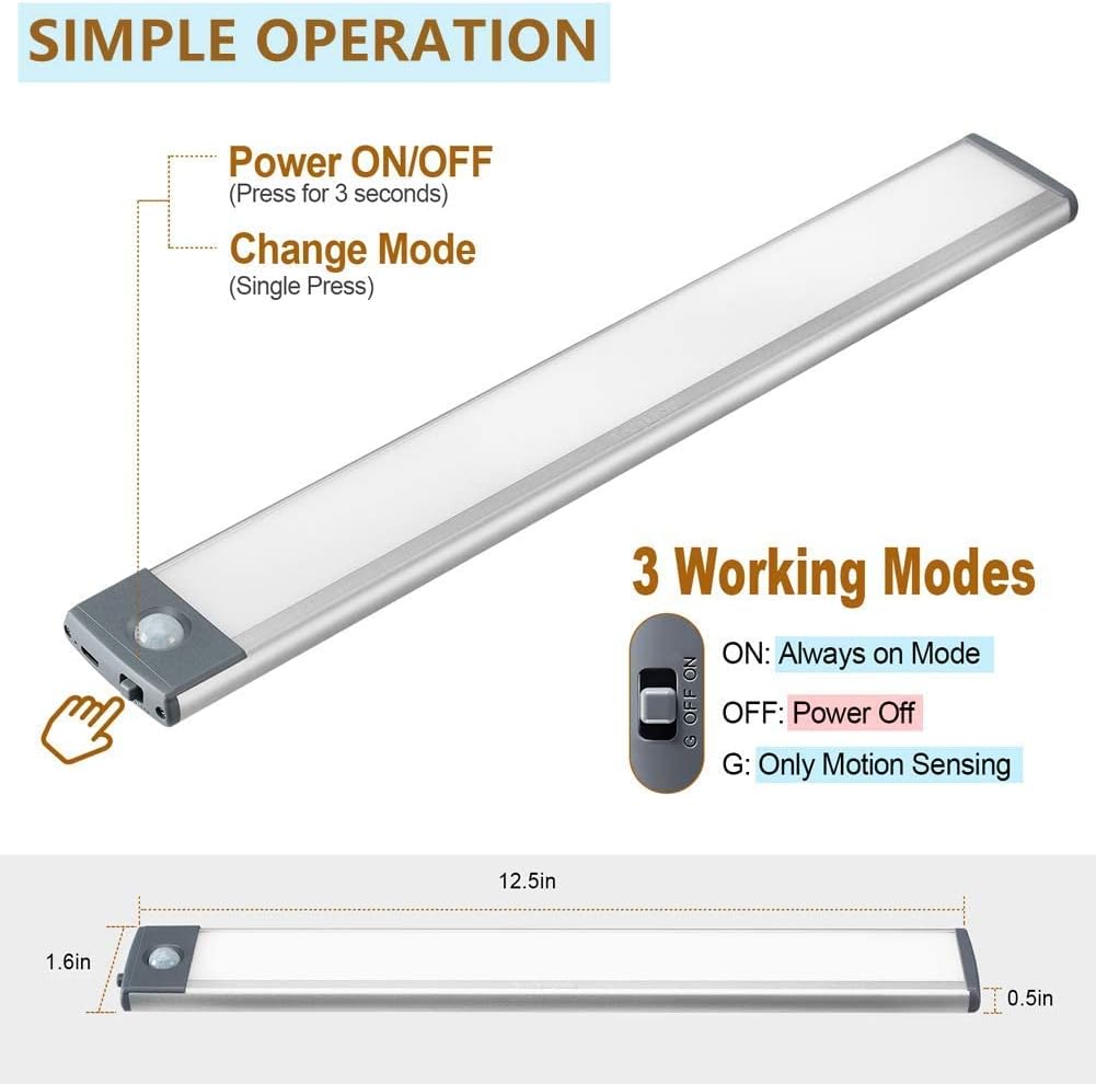 2 Pack 54LED Under Cabinet Lights, 12.5 Inch Wireless Motion Sensor Light with 2200mAh USB-C Rechargeable Battery, Magnetic Mount for Kitchen, Closet & Stairs