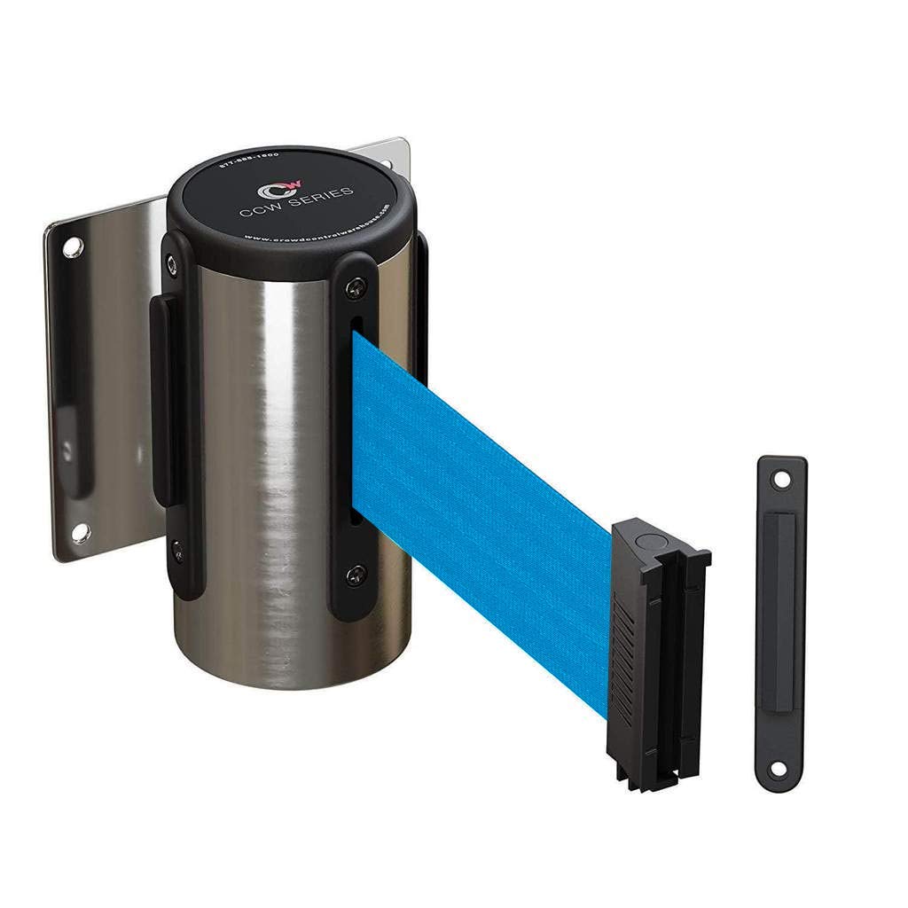 Crowd Control Warehouse - CCW Series WMB-120 Fixed Wall Mount Retractable Belt Barrier - 11 Foot, Light Blue Belt with Stainless Steel Case