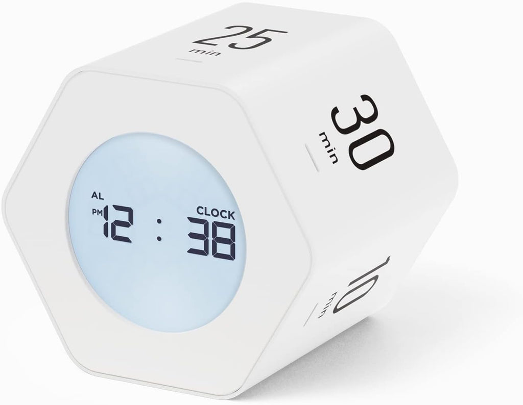 mooas Multi-Hexagon Clock Cube Timer, Digital Clock Time Timer, Pomodoro Timers, Backlit Display 12/24H Mode Count up & Countdown, Rotating Various time presets ideal for Classroom Gym Kitchen (White)