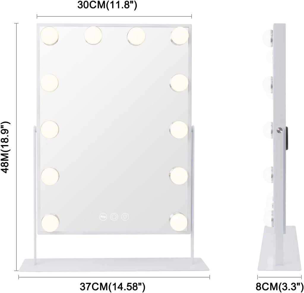 VANITII Lighted Vanity Hollywood Mirror with 12 Dimmable Bulbs Smart Touch Control 3 Colors Light for Tabletop, Detachable 10X Magnification