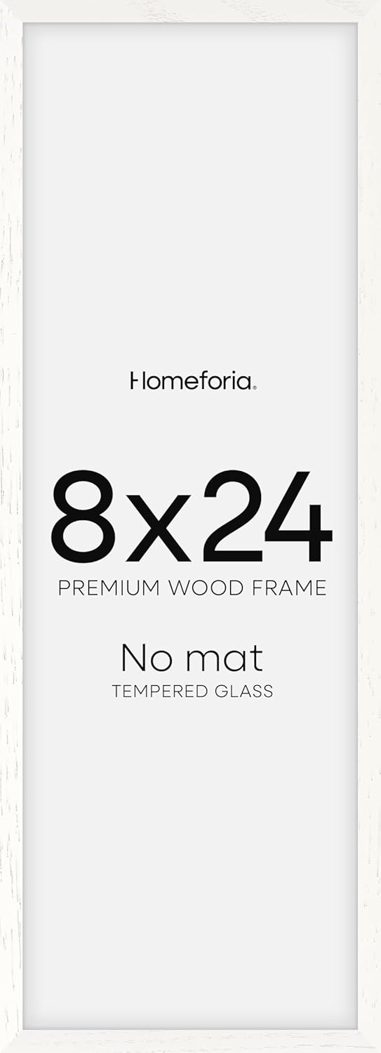 Homeforia 8x24 Panoramic Frame White, High End Oak 8 x 24 Picture Frames Wood without Mat, 24x8 Thin Hanging Wooden Poster Frame for Wall, 8by24 Display Photo Frame, Tempered Glass, Wall Kit, Set of 1
