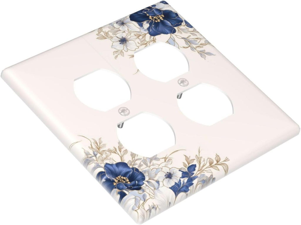 Decorative Outlet Covers Rustic Blue White Flowers Floral Penoy 2 Gang Wall Plate Cover Double Duplex Receptacle Two Switch Light Switch Cover Plate Jumbo Dual Face Plate