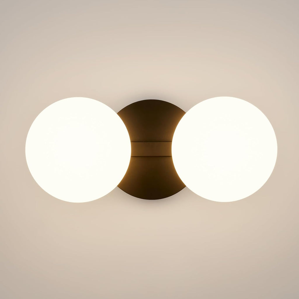 Black Bathroom Vanity Light Fixtures: Modern Wall Scones With 2 Milk Glass Shades - Globe Makeup Lighting Fixture over Mirror - Brass Ball Powder Room Vanities Lights for Hallway Bedroom Bulb Excluded