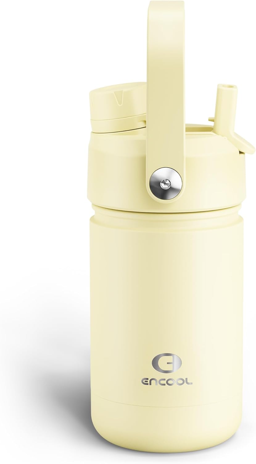 ENCOOL Kids Insulated Water Bottle with Straw - 12oz Stainless Steel Water Bottle with Dual Spouts, Leak-Proof, BPA-Free, Double Wall Vacuum Keeps Cold for 24 Hours for Sports, Travel (Light Vanilla)