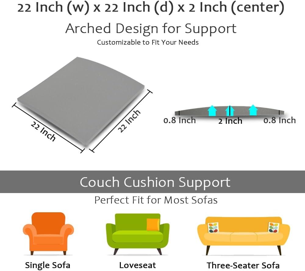 Couch Cushion Supports for Sagging Seat 22'' x 22'' High Density 40D Curved Foam Sofa Cushion Support Under The Saggy Pads Firmer Foam Lifters for Saggy Couch Set of 3 (Grey, 22 Inch * 22 Inch)
