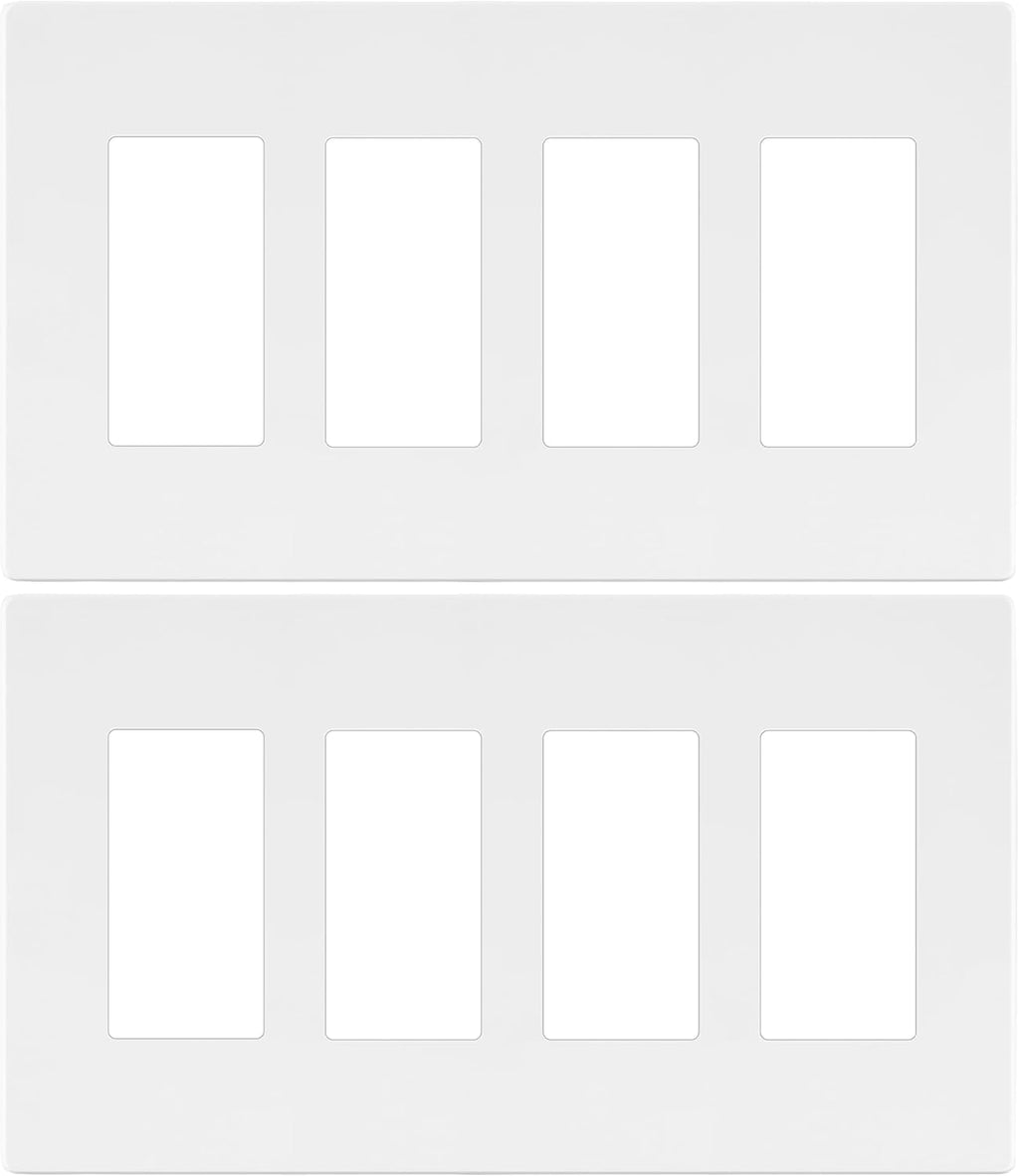 LIDER Matte Finish Quadruple Decorator Switch Cover, Screwless Wall Plate, Mid-Size 4-Gang 4.88" x 8.58", Polycarbonate Thermoplastic, UL Listed, LSWP-34M-W2P, White, 2 Pack