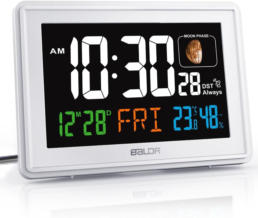 Baldr Atomic Clocks for Bedrooms Digital Large Display - White - Desk Clock with Temperature Indoor and Humidity, Night Stand Clock, Moon Phase Clock, Alarm Clocks for Living Room, Digital Clock Wall