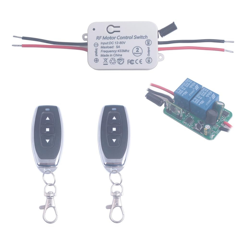 12V 24V 36V 48V DC Motor Remote Control Switch, 12V-80V 5A Wireless Relay Switches Receiver Controller with 2 Transmitters, Remote Controls Motor Move Forward and Reverse (DC 12V-80V/2* Controller)