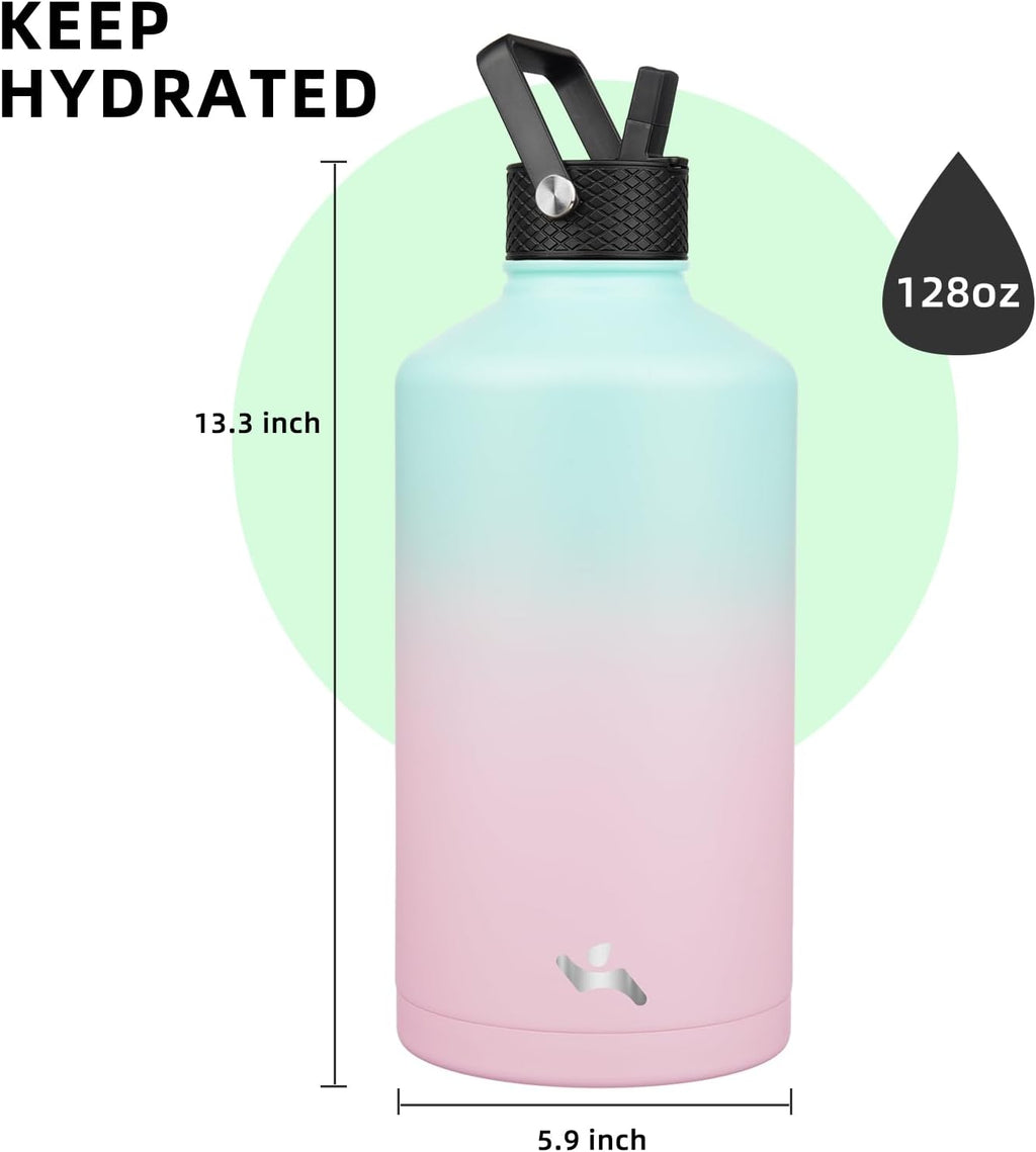 Gallon Insulated Water Bottle with Straw,128 oz 3 Lids Water Jug with Carrying Bag,Paracord Handle, Double Wall Vacuum Stainless Steel Metal Flask,Gum