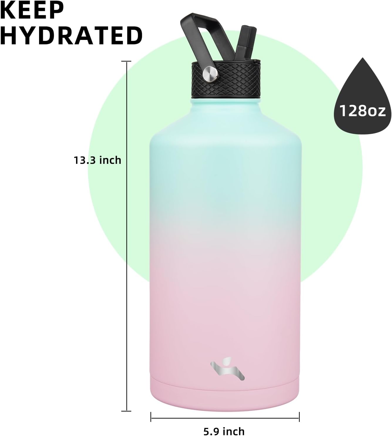 Gallon Insulated Water Bottle with Straw,128 oz 3 Lids Water Jug with Carrying Bag,Paracord Handle, Double Wall Vacuum Stainless Steel Metal Flask,Gum